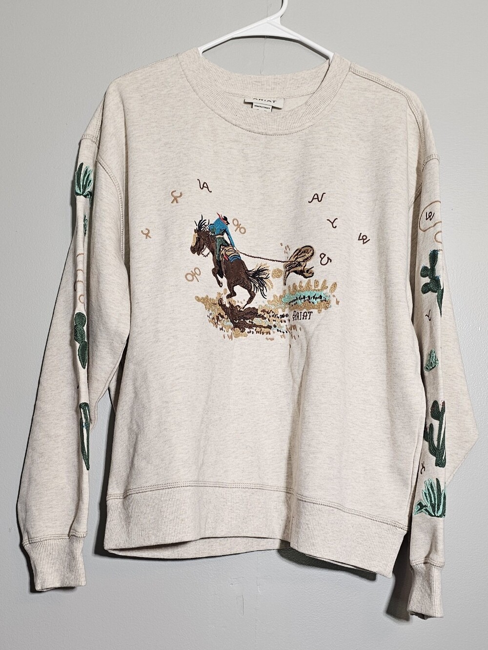 Ariat Cream Crewneck Sweater with Western Horse & Green Cactus Embroidery